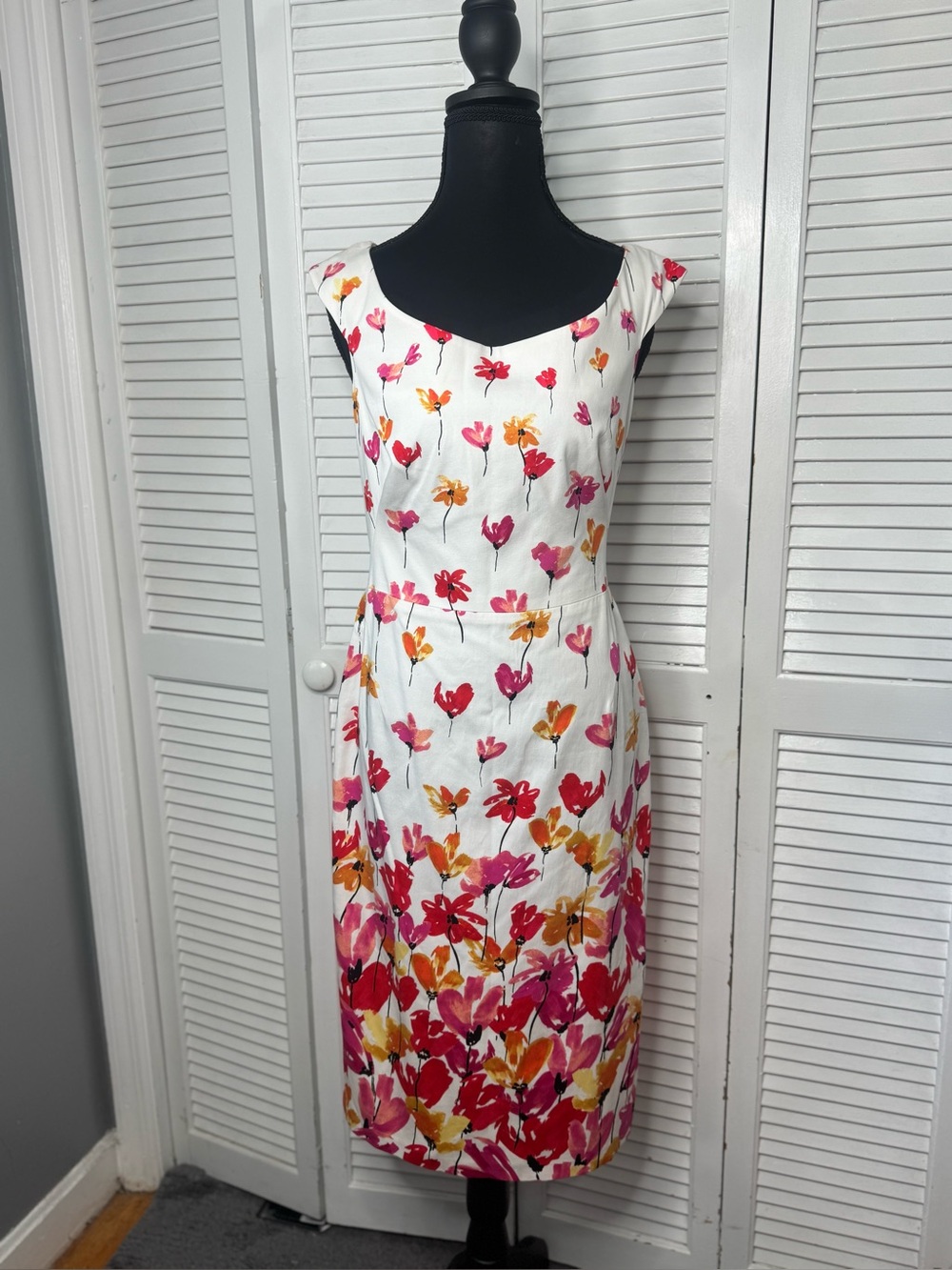 Maggy London White Midi Dress with Pink & Orange Floral Print Size 10